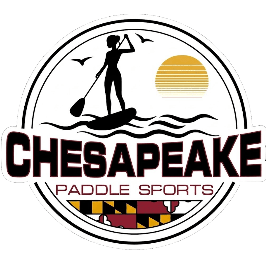 Logo for Chesapeake Paddle Sports featuring a silhouette of a paddleboarder, waves, birds, and a sun.