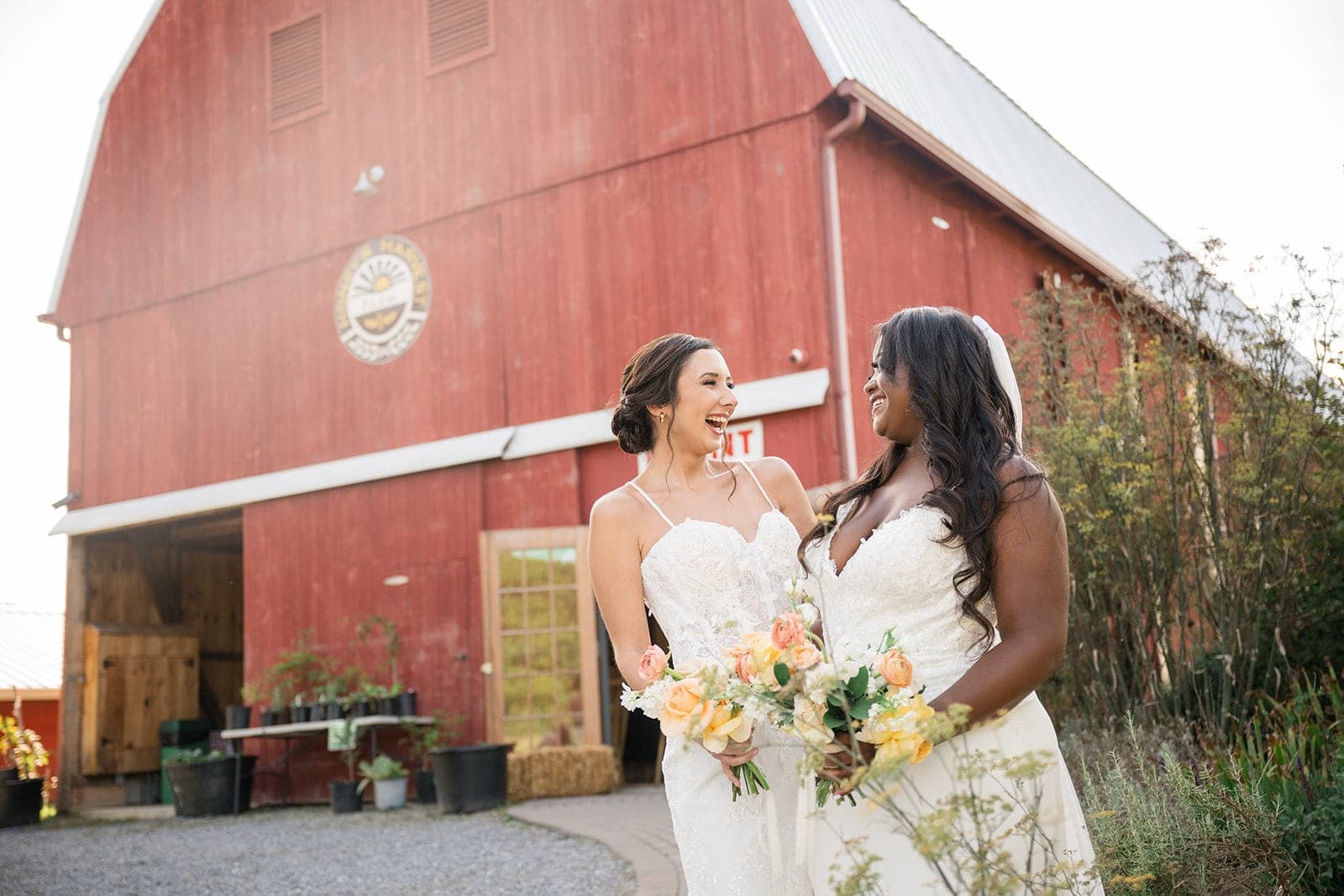 Two brides in elegant dresses laugh together outside a red barn, holding flower bouquets.