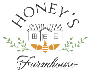 Logo design for Honey's Farmhouse, featuring a house, bee, and decorative greenery.