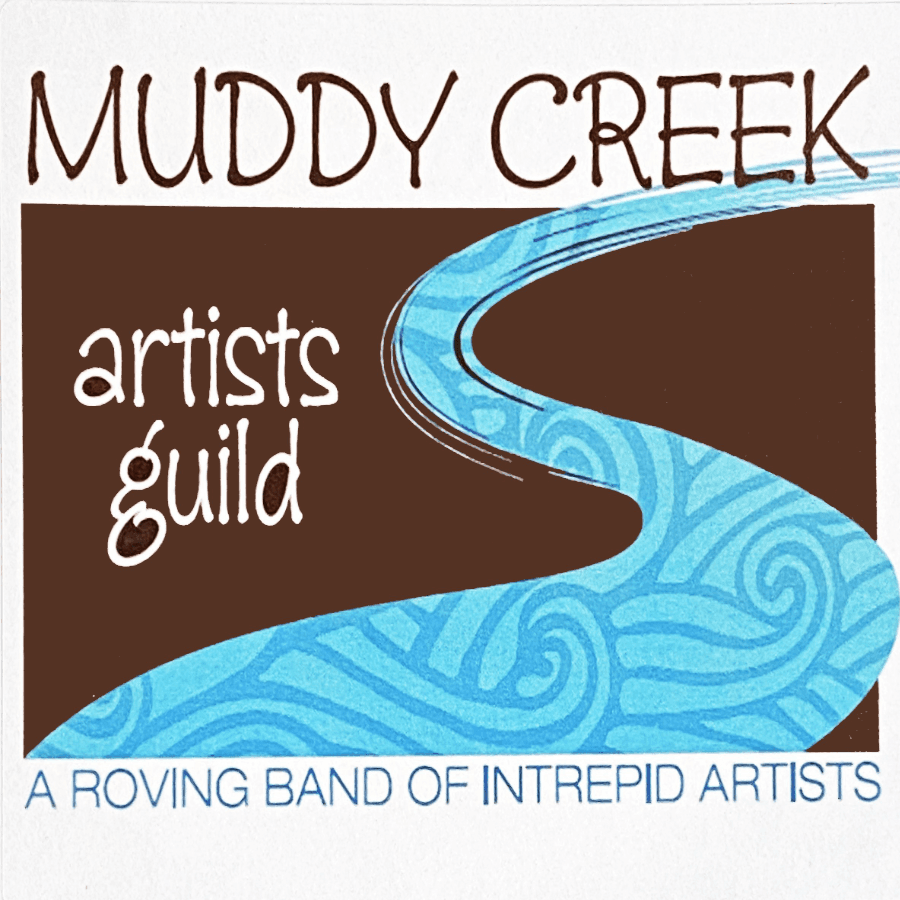 Logo for Muddy Creek Artists Guild featuring a flowing blue river and the phrase "A roving band of intrepid artists."